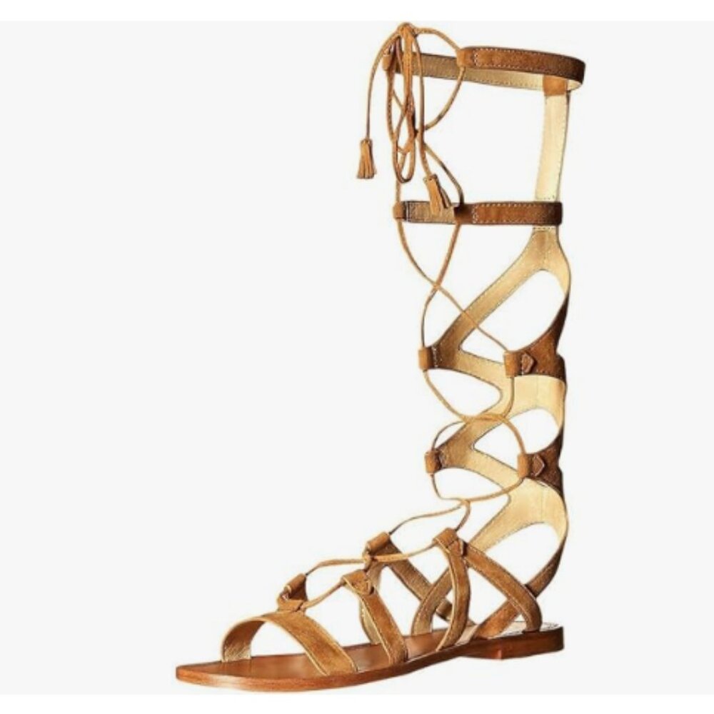 YDN Tan Sexy Knee High Lace up Flats Fringe Low Heel Gladiator Strap Sandals